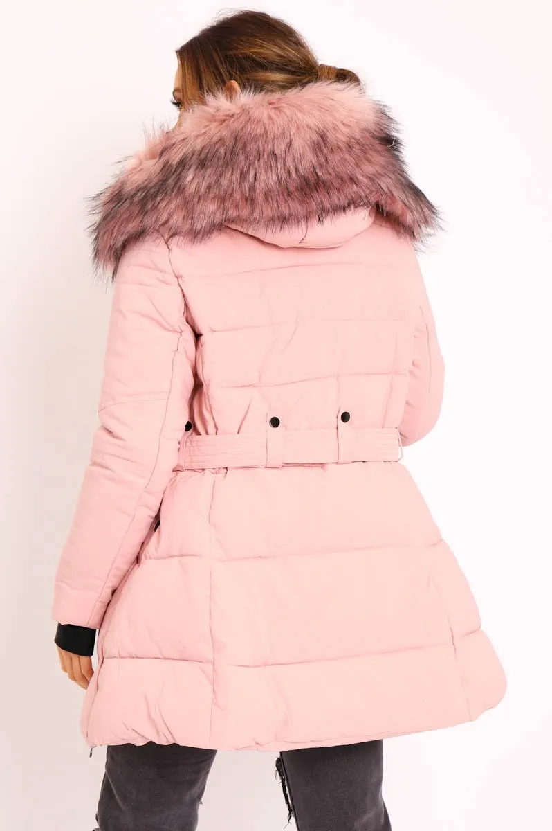 Dusty Pink Adjustable Waist Longline Puffer Coat - Zofia