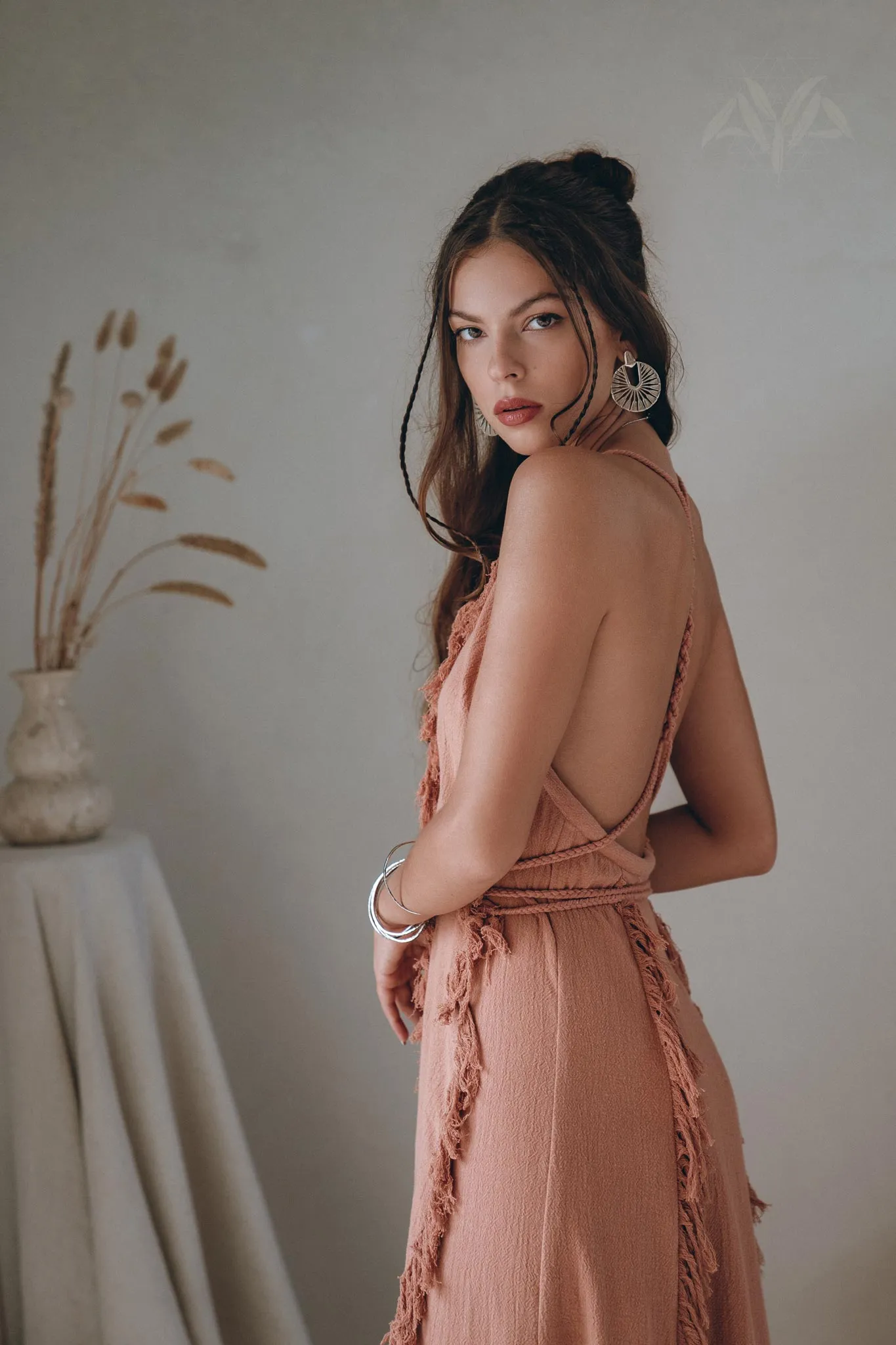 Dusty Rose Organic Boho Dress with Hand Loomed Tassels