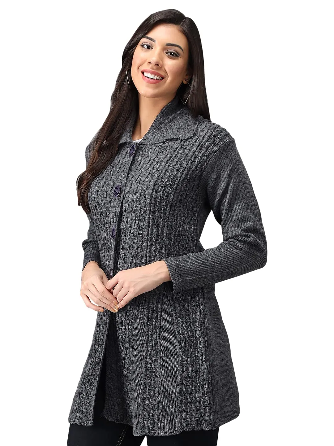 eKools Women's Wool Blend Banded Collar Sweater (Coat8-L-Grey Grey_L)