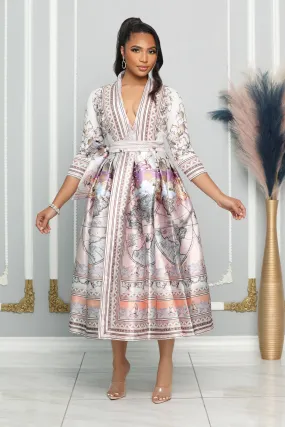 ELEGANT V-NECK 3/4 SLEEVE FIT & FLARE WRAP DRESS (MULTI PRINT)