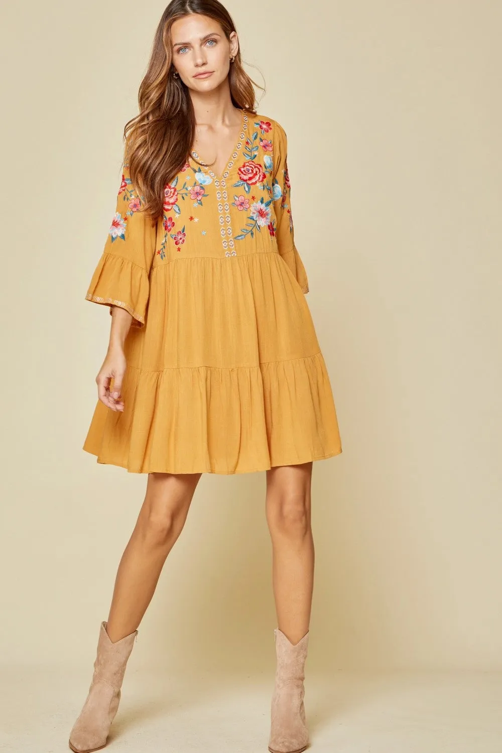 Embroidered Babydoll Dress, Marigold