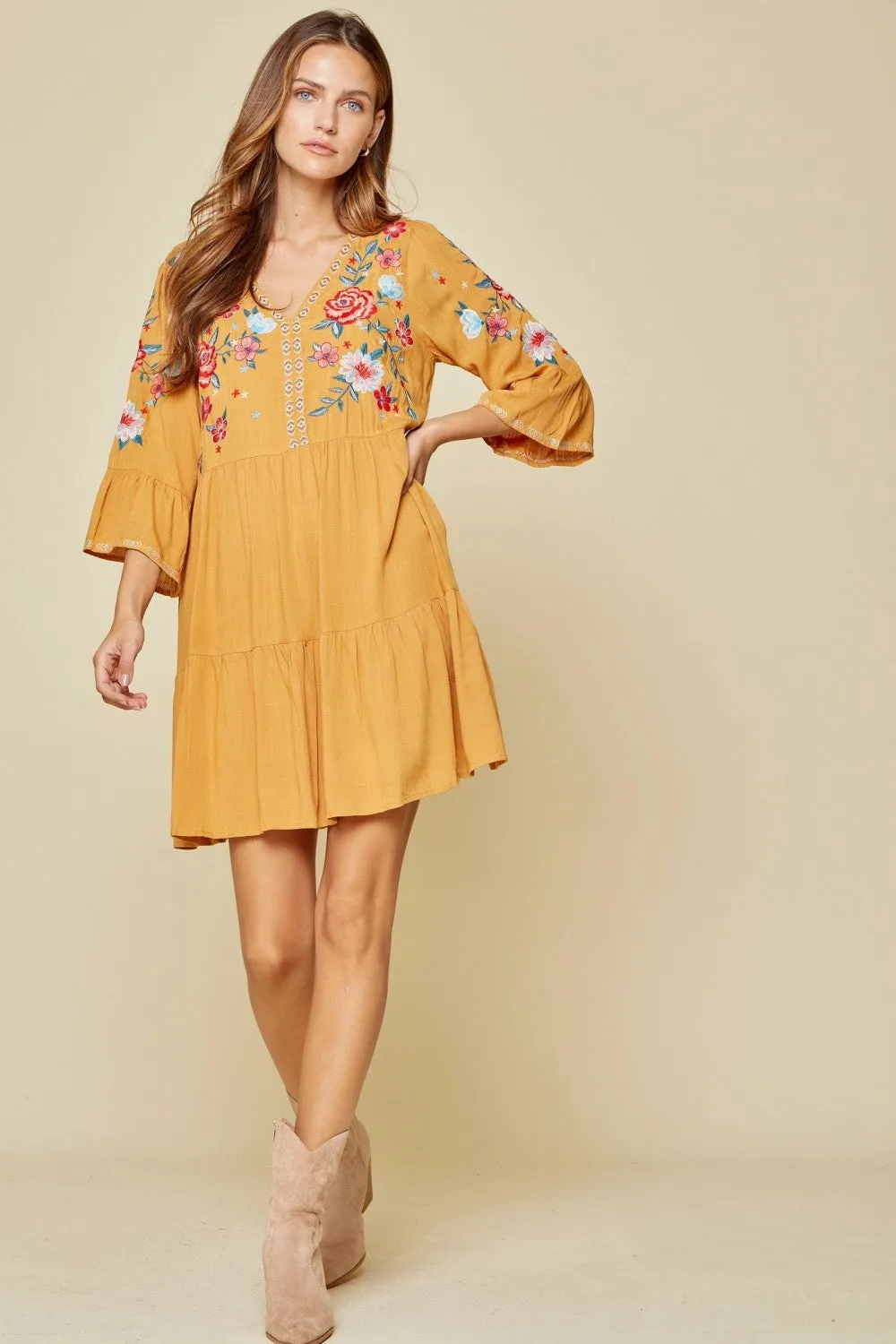 Embroidered Babydoll Dress, Marigold