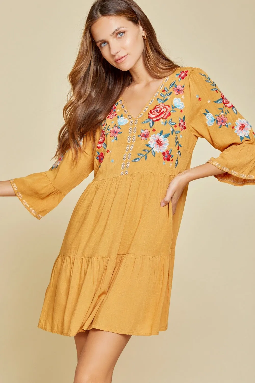 Embroidered Babydoll Dress, Marigold