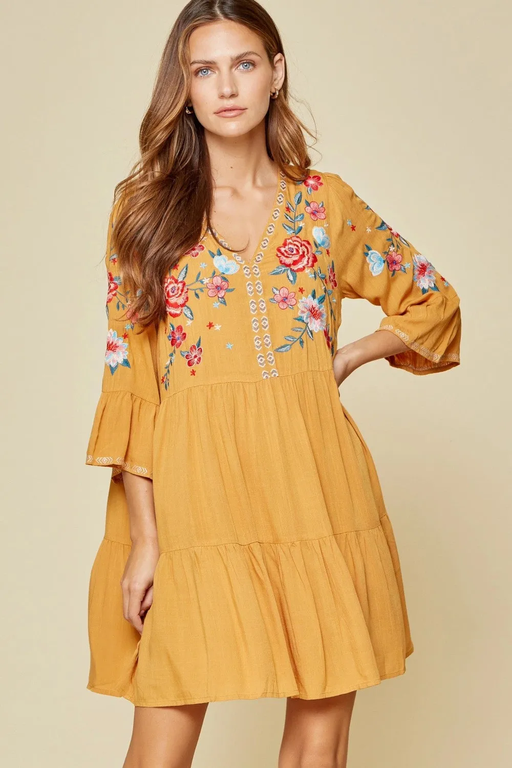 Embroidered Babydoll Dress, Marigold