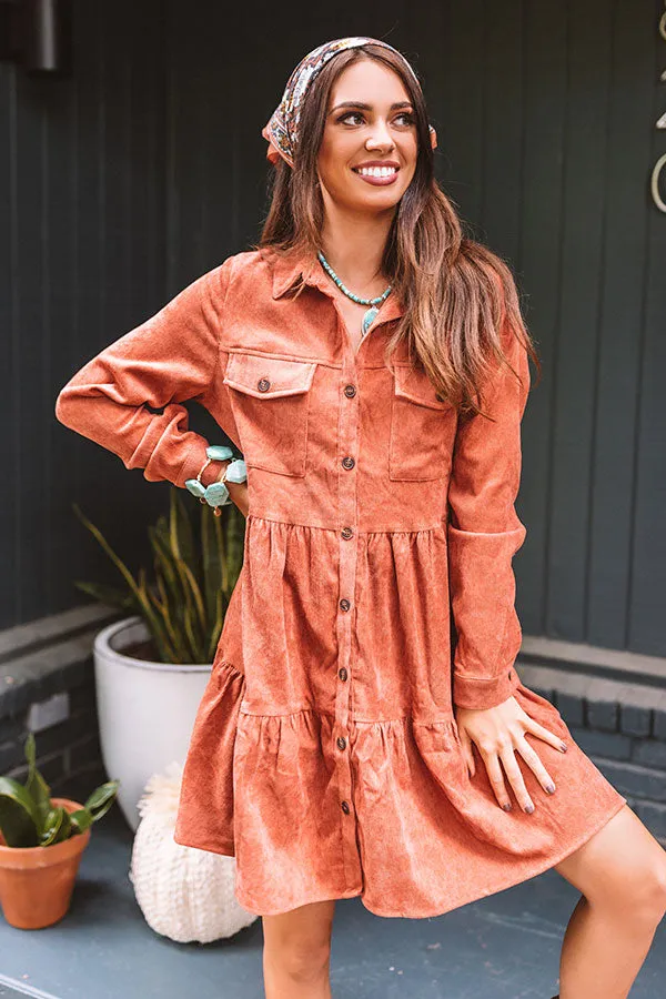 Fall Adventure Babydoll Corduroy Dress In Rust