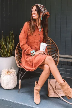 Fall Adventure Babydoll Corduroy Dress In Rust