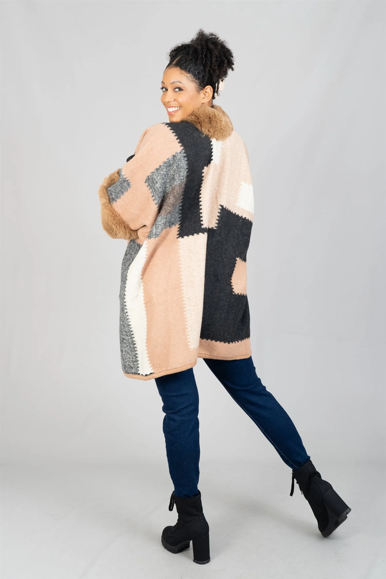 Fashion A611 Faux Fur Trim Cape