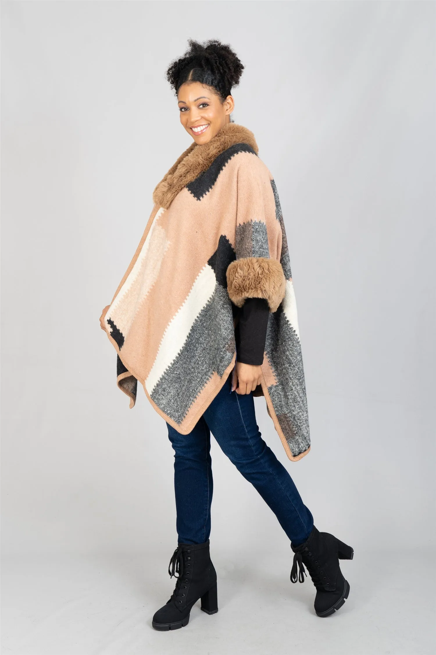 Fashion A611 Faux Fur Trim Cape