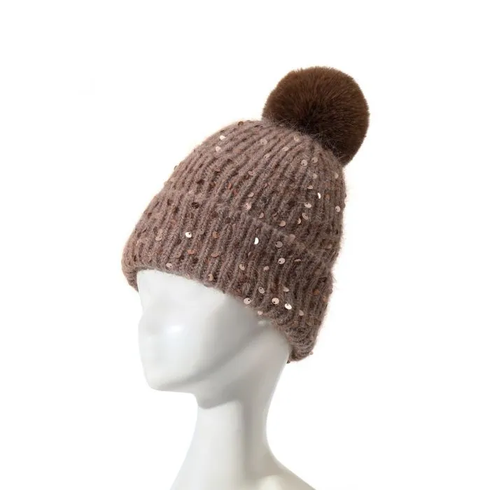 Faux Fur Pop Pom Hat With Sequins - Brown