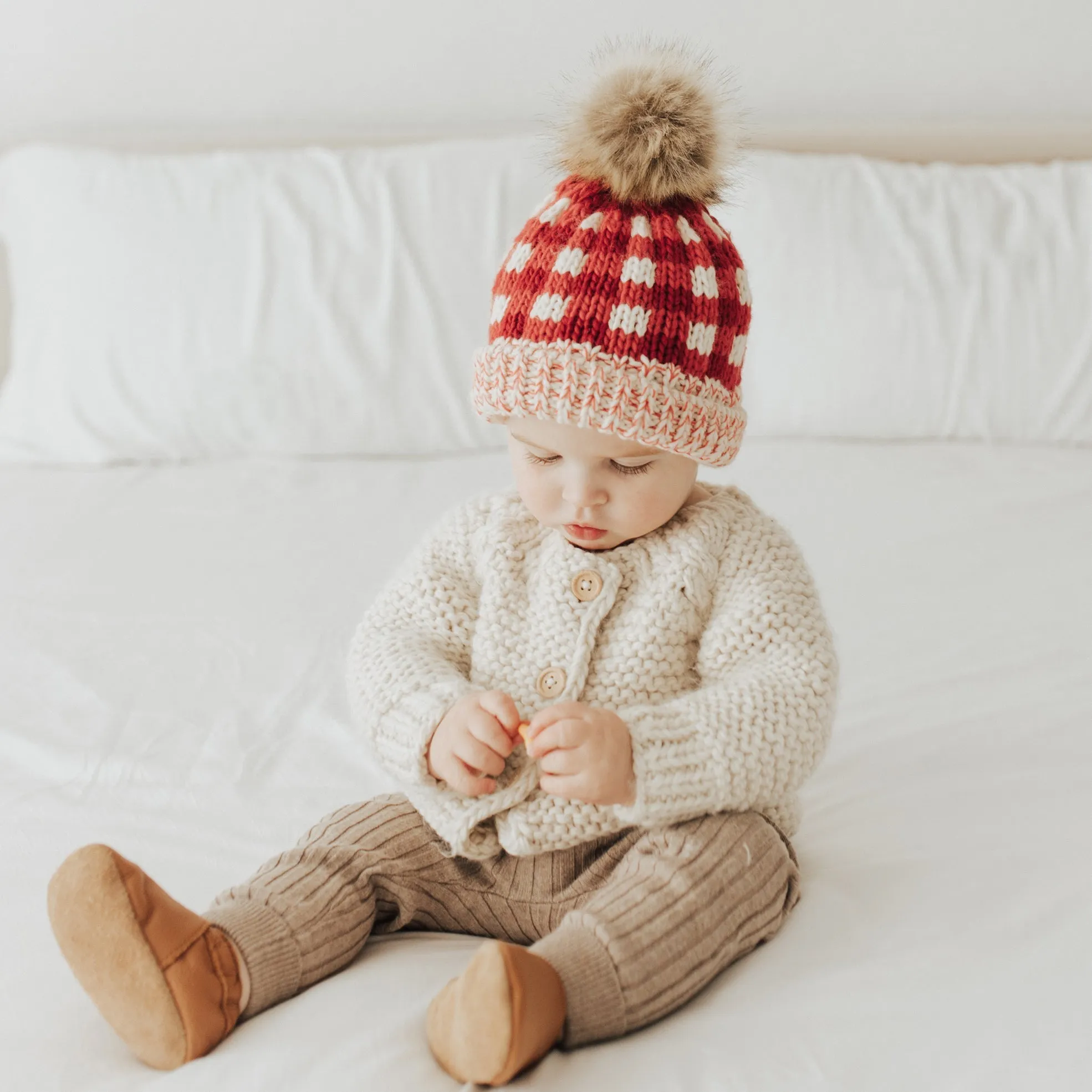 Festive Buffalo Check Pom Pom Beanie Hat