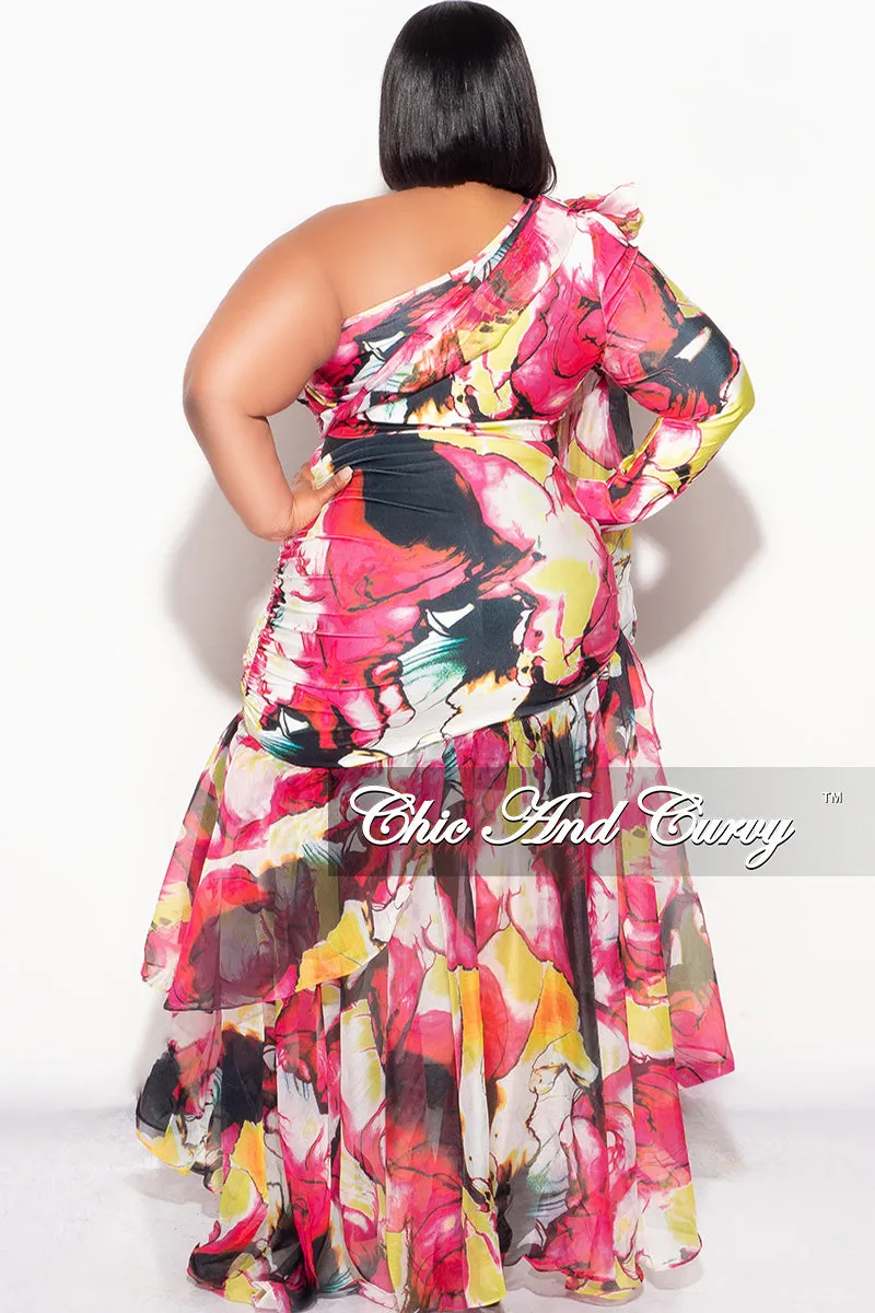 Final Sale Plus Size 2pc Chiffon One Shoulder Crop Tie Top and Asymmetrical Highlow Ruffle Layered Skirt Set in Fuchsia and Yellow