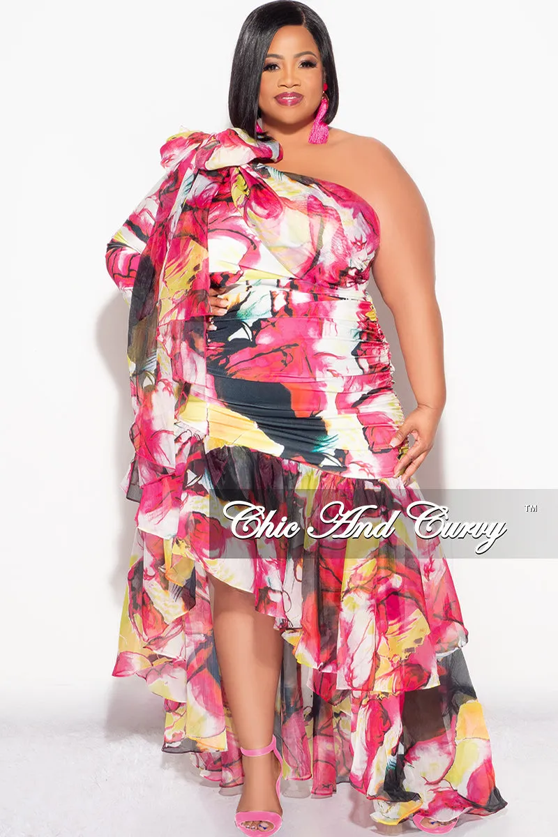 Final Sale Plus Size 2pc Chiffon One Shoulder Crop Tie Top and Asymmetrical Highlow Ruffle Layered Skirt Set in Fuchsia and Yellow