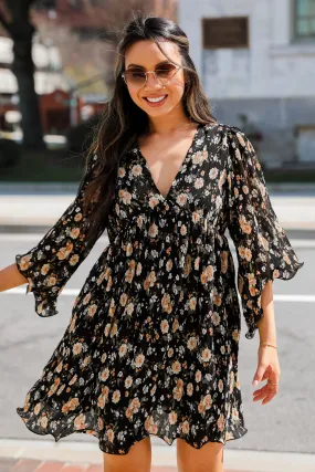 FINAL SALE - Ready To Blossom Black Floral Babydoll Mini Dress