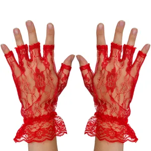 Fingerless Lace Red Gloves - Ladies and Girls Ruffled Lace Finger Free Bridal Wrist Gloves