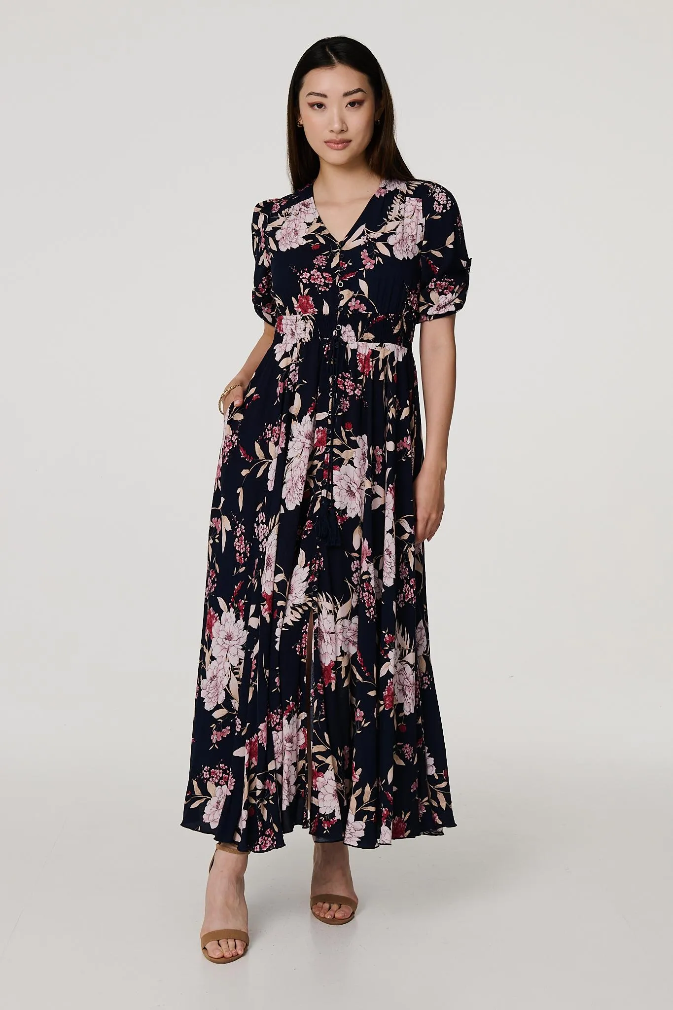 Floral 3/4 Sleeve A-Line Maxi Dress