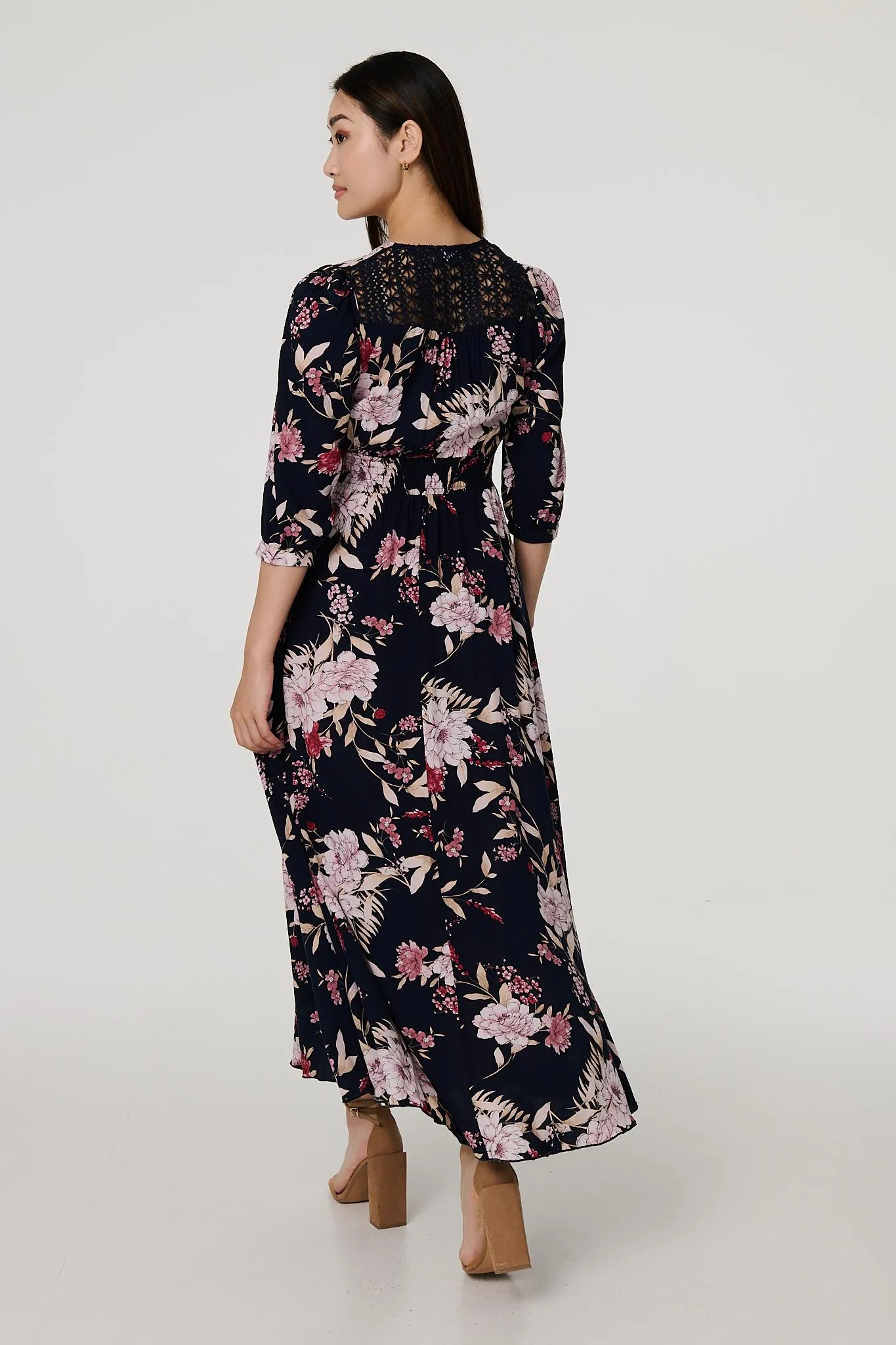 Floral 3/4 Sleeve A-Line Maxi Dress