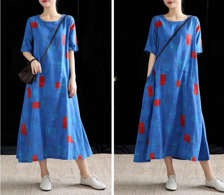 Floral Long Sleeve Summer Spring Cotton Linen Women Dresses DZA20691