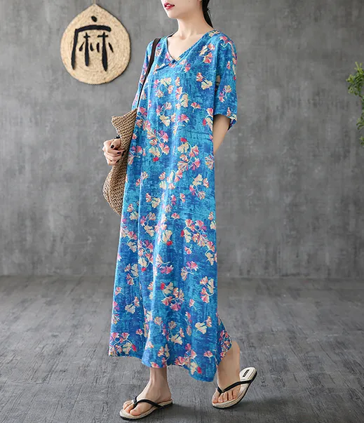 Floral Long Sleeve Summer Spring Cotton Linen Women Dresses DZA20694