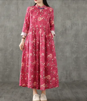 Floral Long Sleeve Summer Spring Cotton Linen Women loose Dresses DZA20632