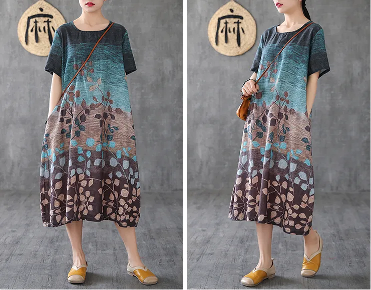 Floral Long Sleeve Summer Spring Linen Women Dresses DZA20695