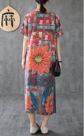 Floral Long Sleeve Summer Spring Linen Women Dresses DZA20695