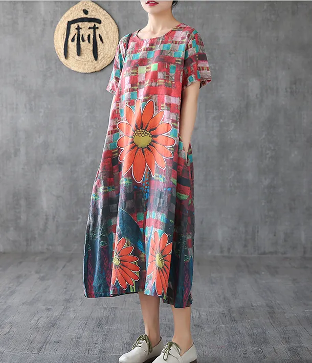 Floral Long Sleeve Summer Spring Linen Women Dresses DZA20695