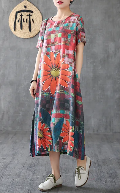 Floral Long Sleeve Summer Spring Linen Women Dresses DZA20695