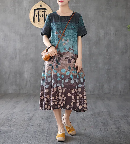 Floral Long Sleeve Summer Spring Linen Women Dresses DZA20695