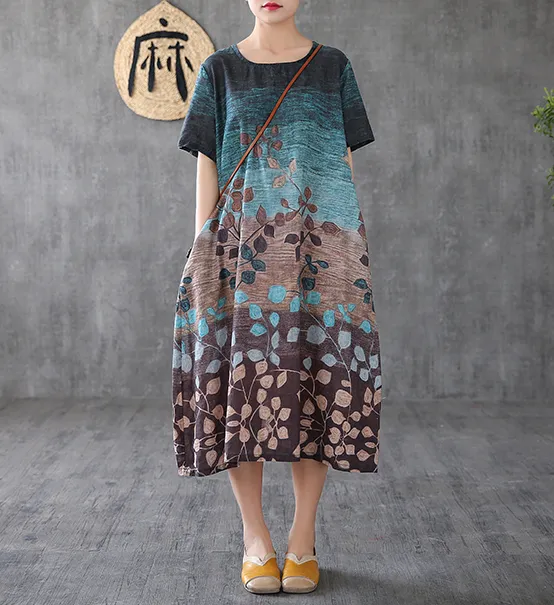 Floral Long Sleeve Summer Spring Linen Women Dresses DZA20695