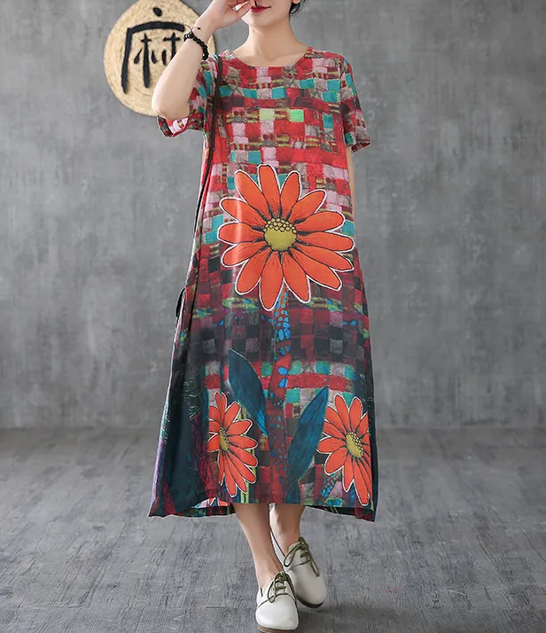 Floral Long Sleeve Summer Spring Linen Women Dresses DZA20695