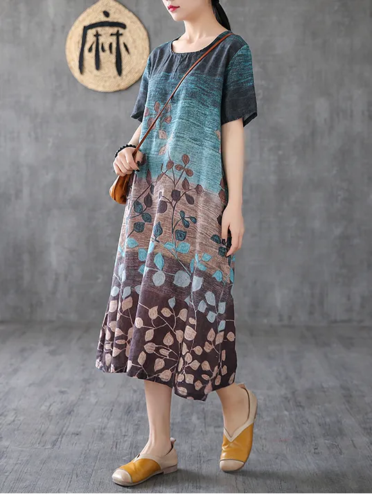 Floral Long Sleeve Summer Spring Linen Women Dresses DZA20695