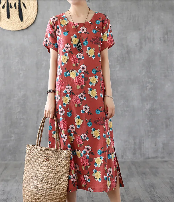 Floral Long Sleeve Summer Spring Linen Women loose Dresses DZA20663