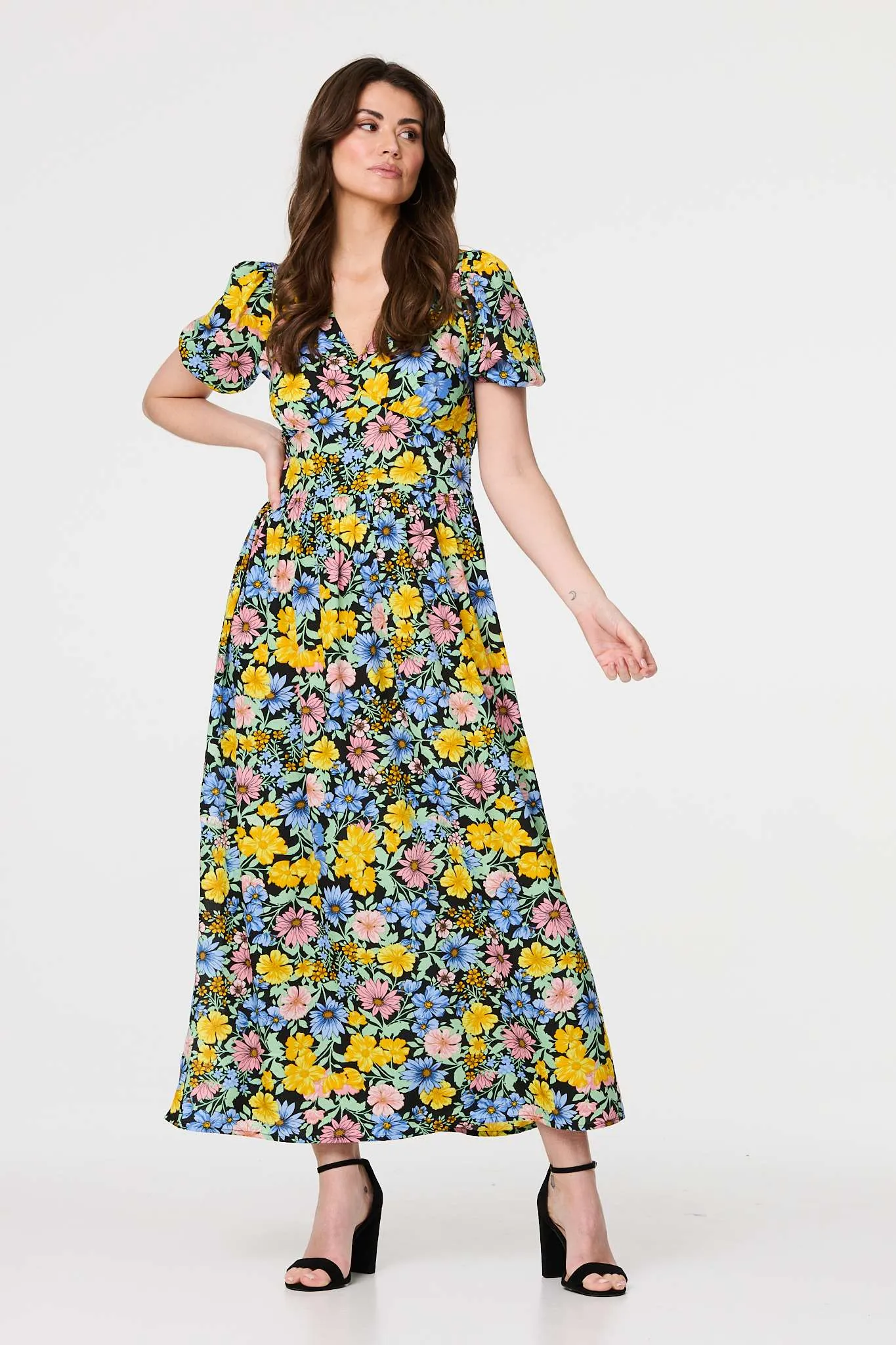 Floral Puff Sleeve Cut Out Maxi Dress