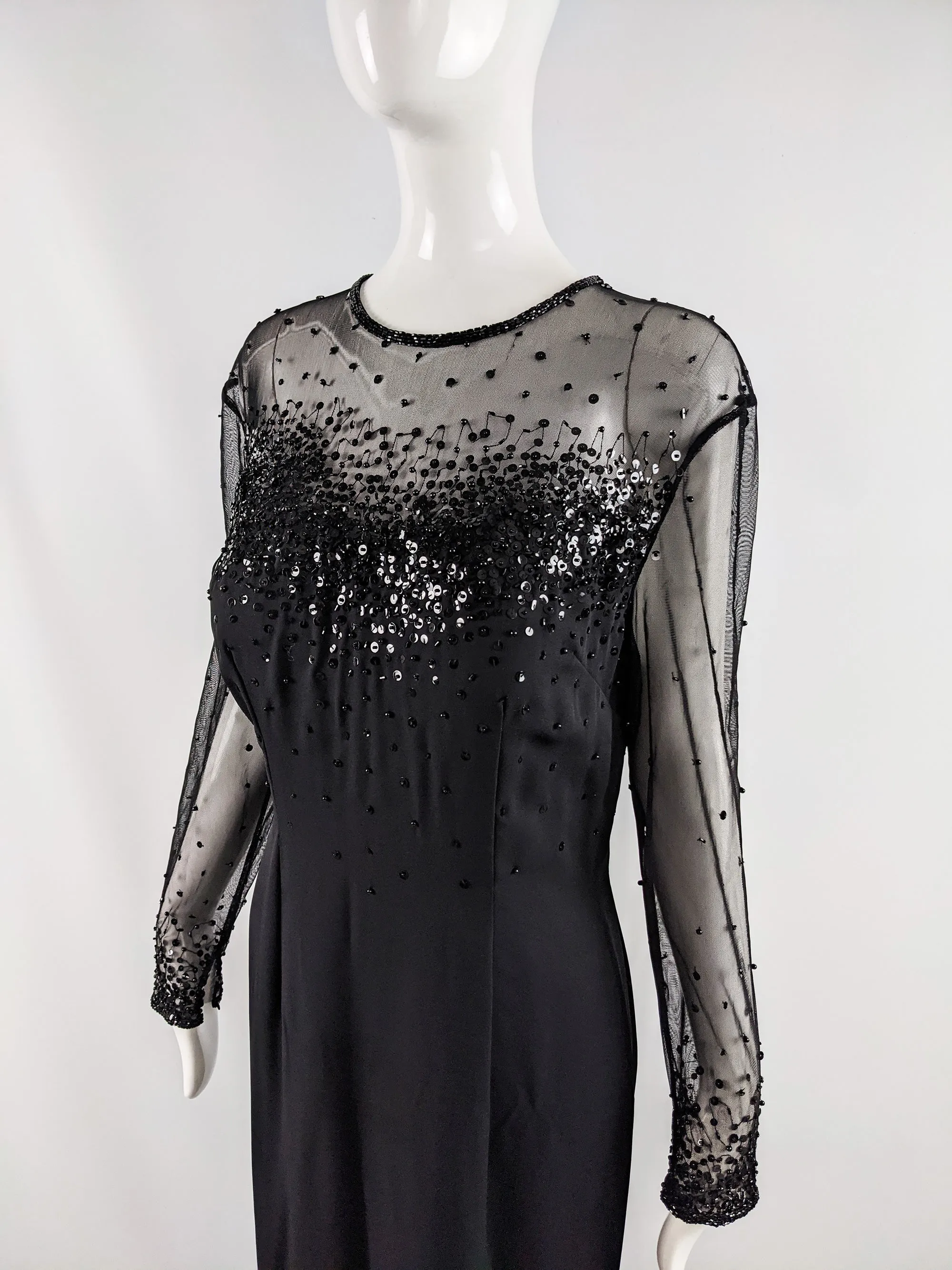 Frank Usher Black Beaded & Sequin Evening Maxi Dress, 1980s