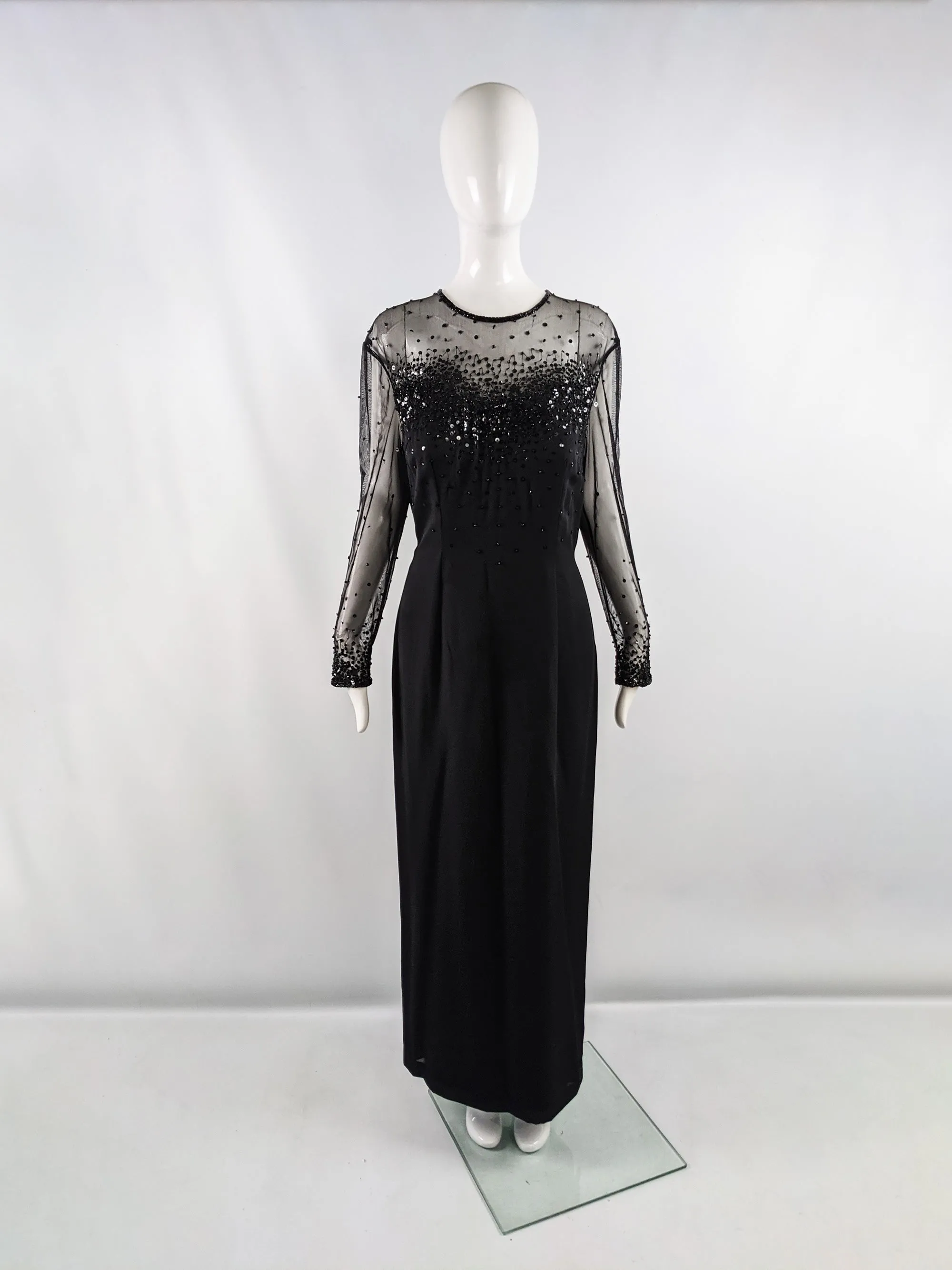 Frank Usher Black Beaded & Sequin Evening Maxi Dress, 1980s