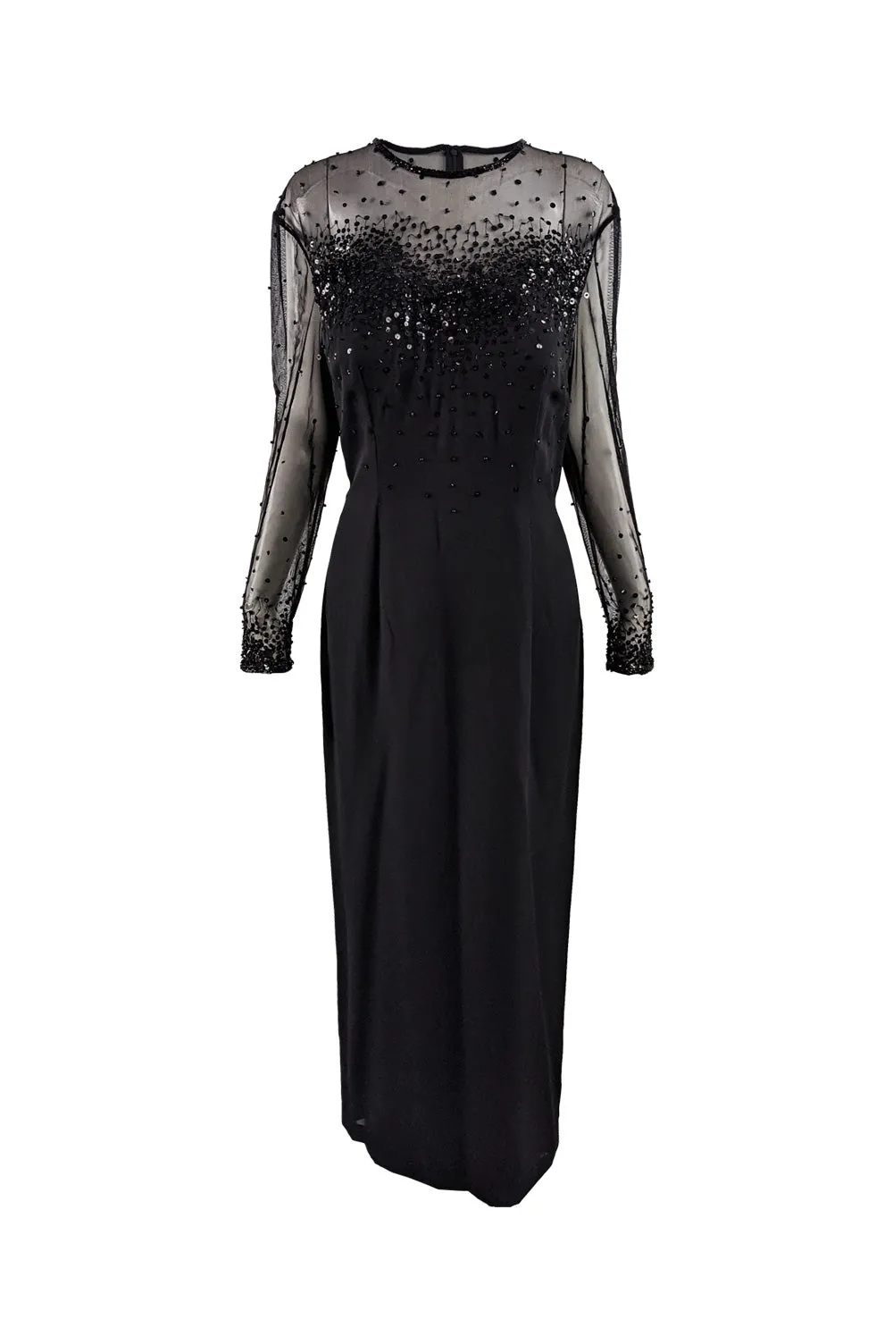 Frank Usher Black Beaded & Sequin Evening Maxi Dress, 1980s