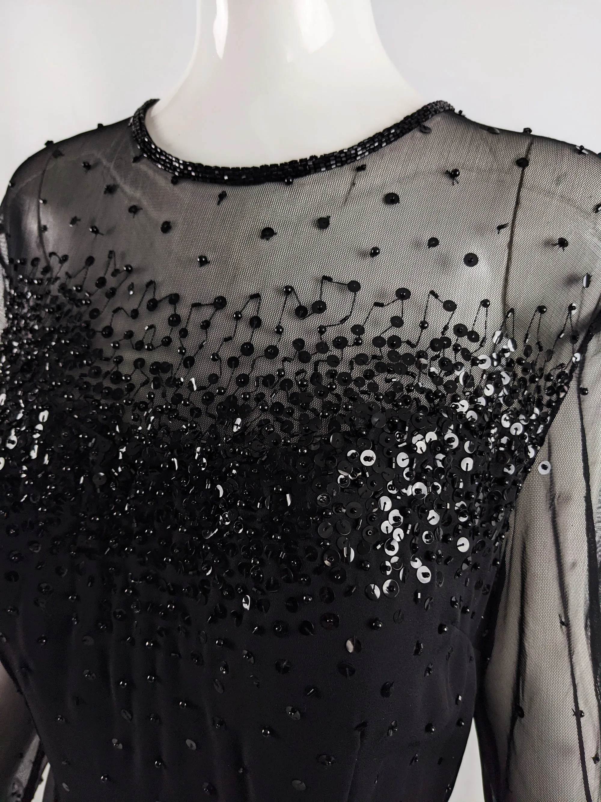 Frank Usher Black Beaded & Sequin Evening Maxi Dress, 1980s