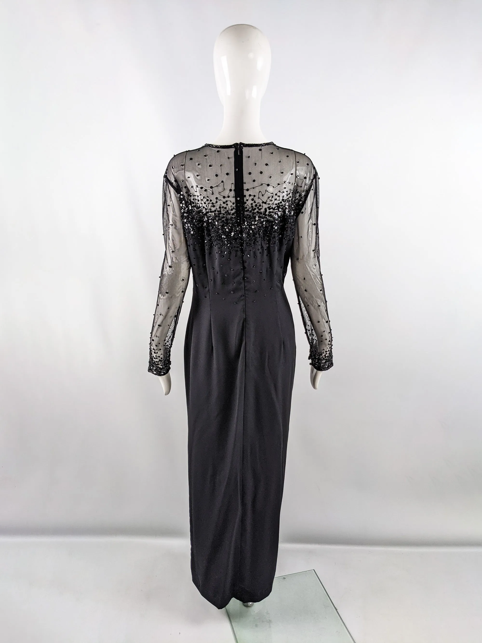 Frank Usher Black Beaded & Sequin Evening Maxi Dress, 1980s