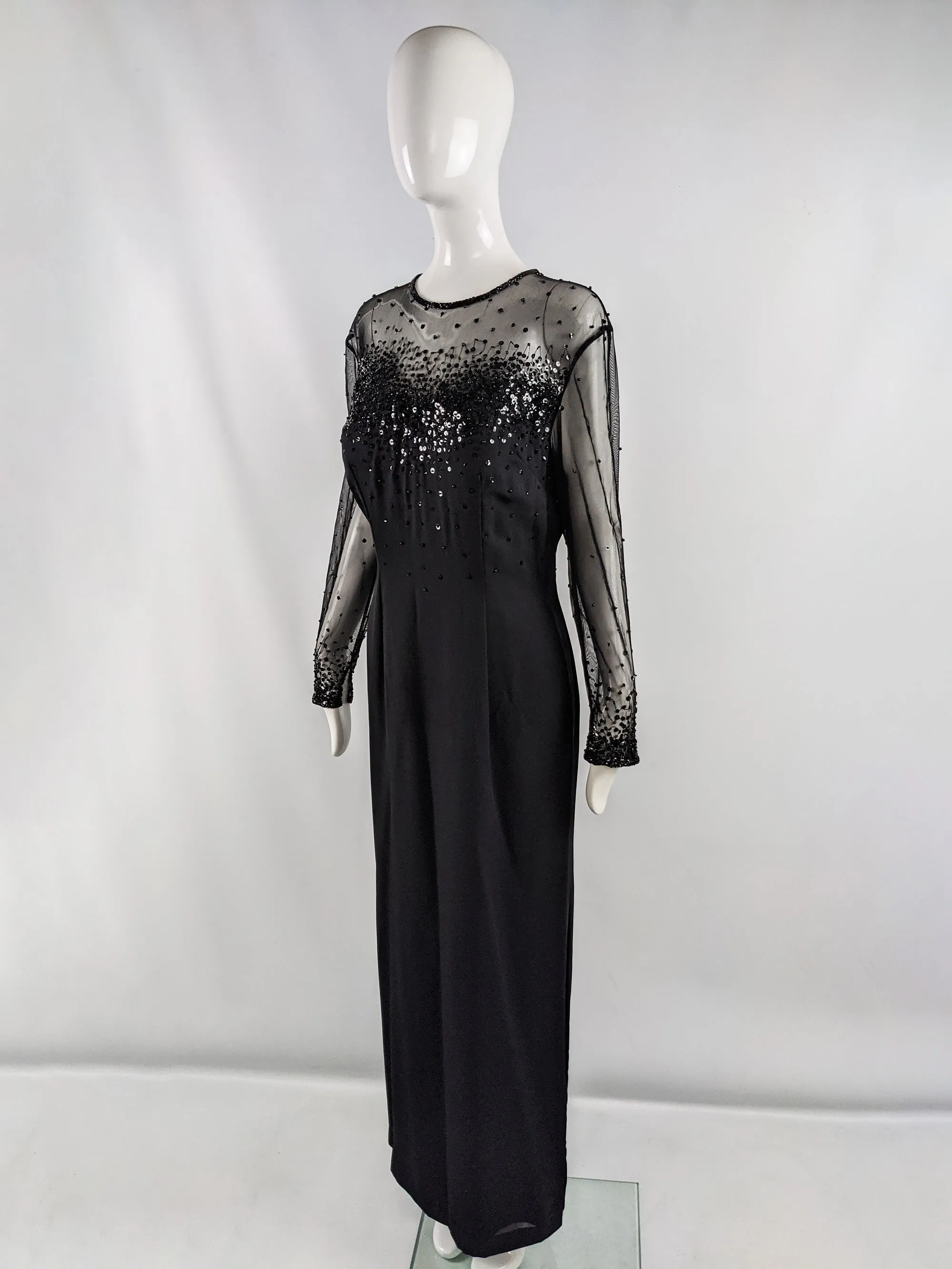 Frank Usher Black Beaded & Sequin Evening Maxi Dress, 1980s