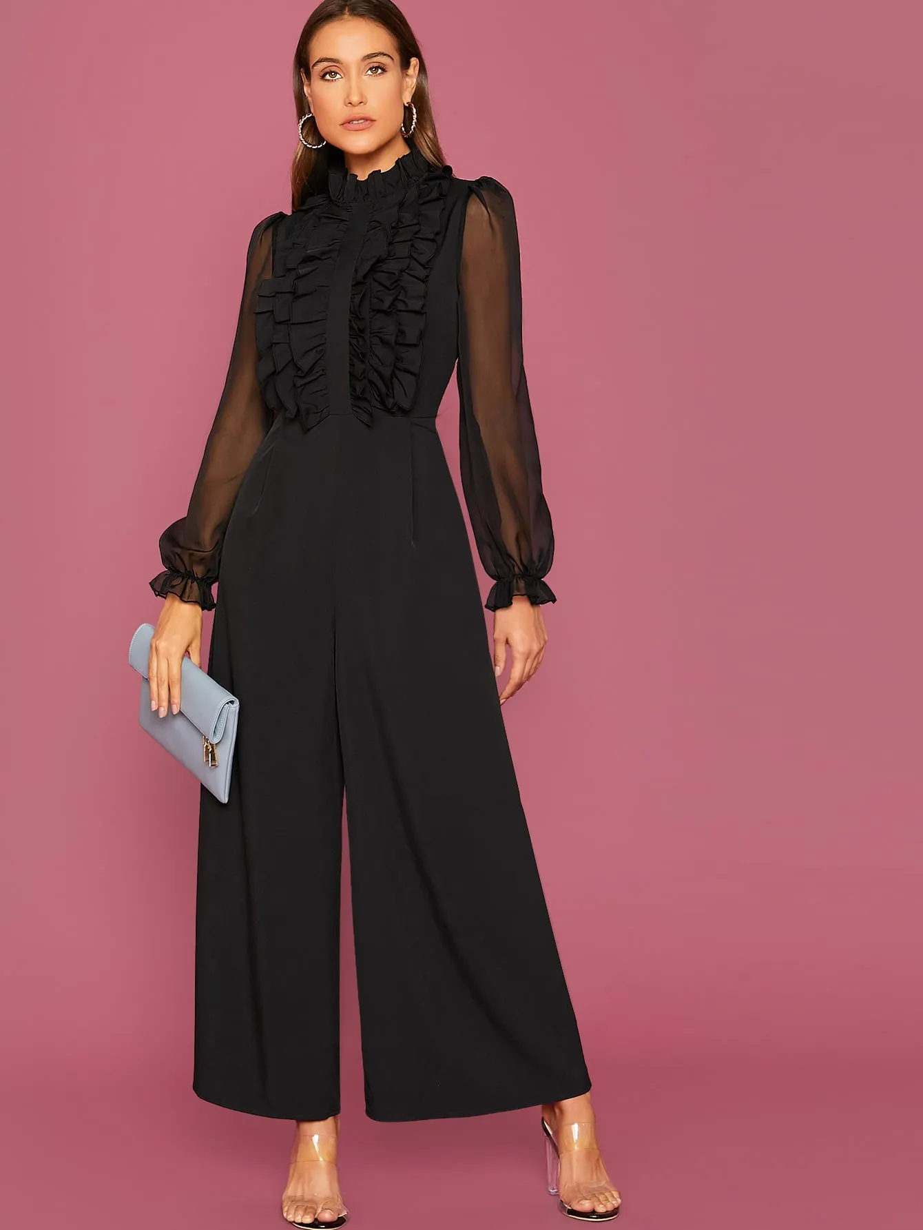 Frill Trim Sheer Sleeve Wide Leg Jumpsuit