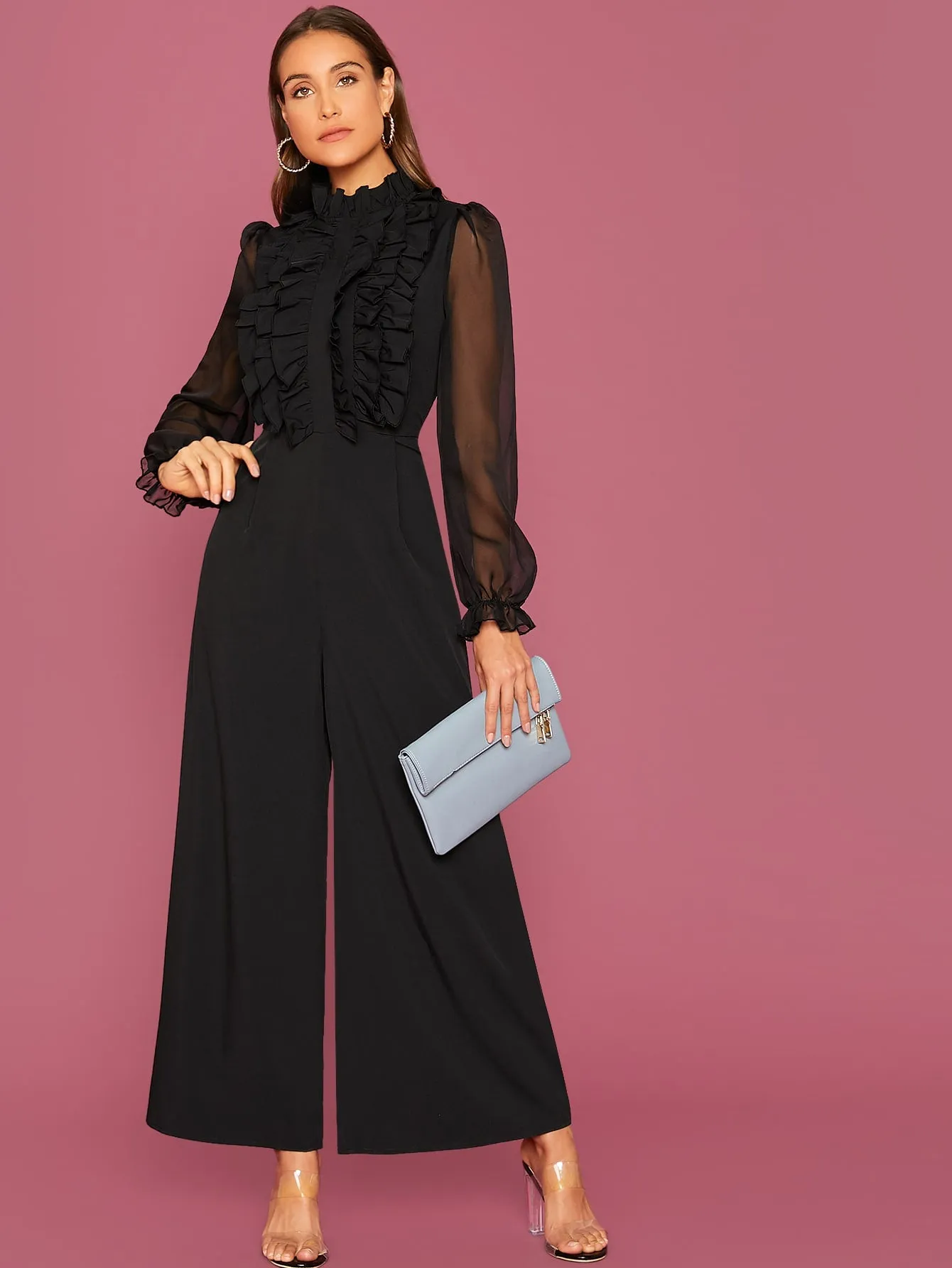 Frill Trim Sheer Sleeve Wide Leg Jumpsuit