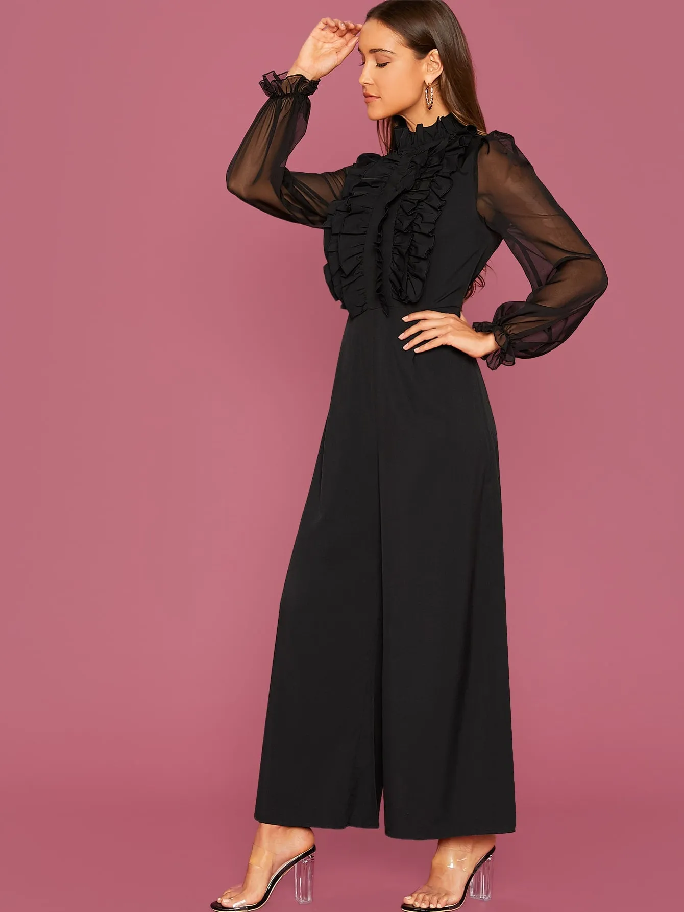 Frill Trim Sheer Sleeve Wide Leg Jumpsuit