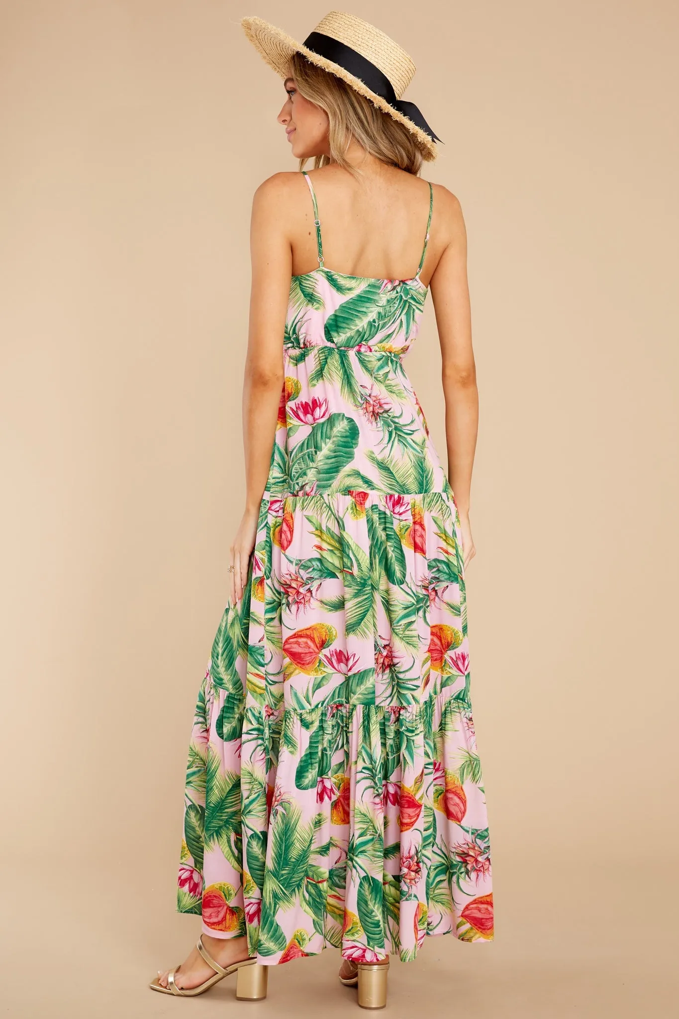 Frond Memories Coral Pink Floral Print Maxi Dress