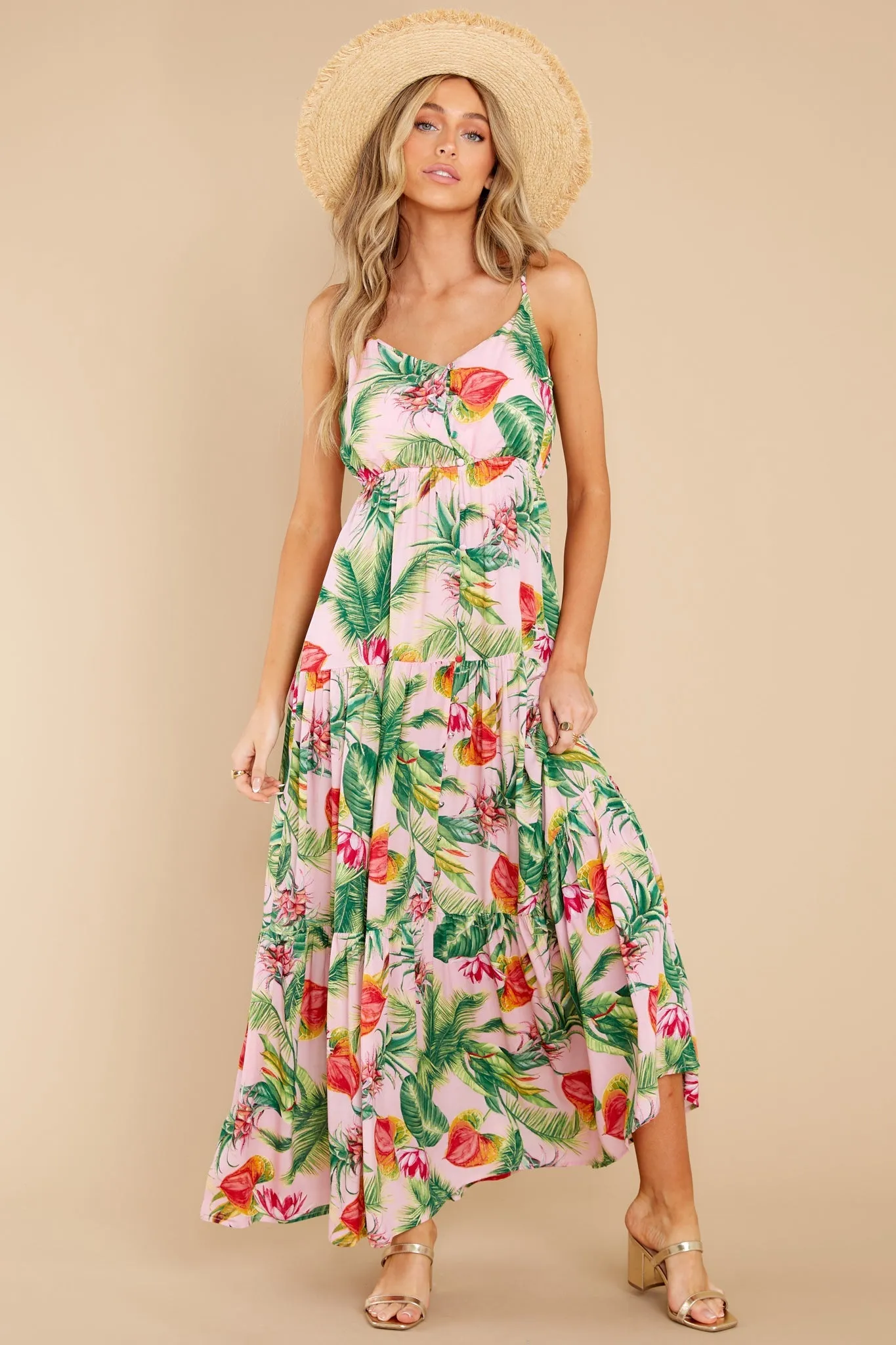 Frond Memories Coral Pink Floral Print Maxi Dress