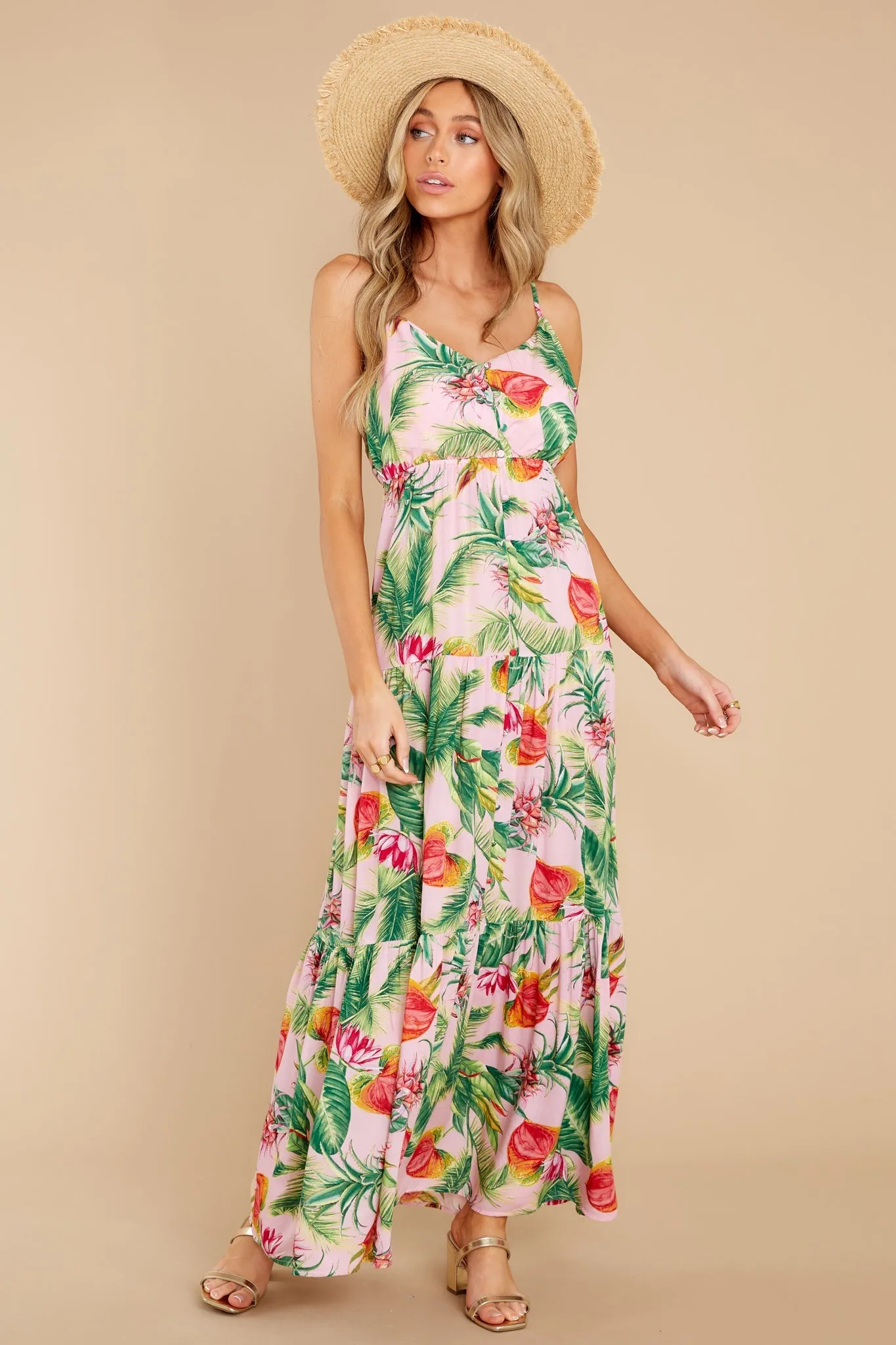 Frond Memories Coral Pink Floral Print Maxi Dress