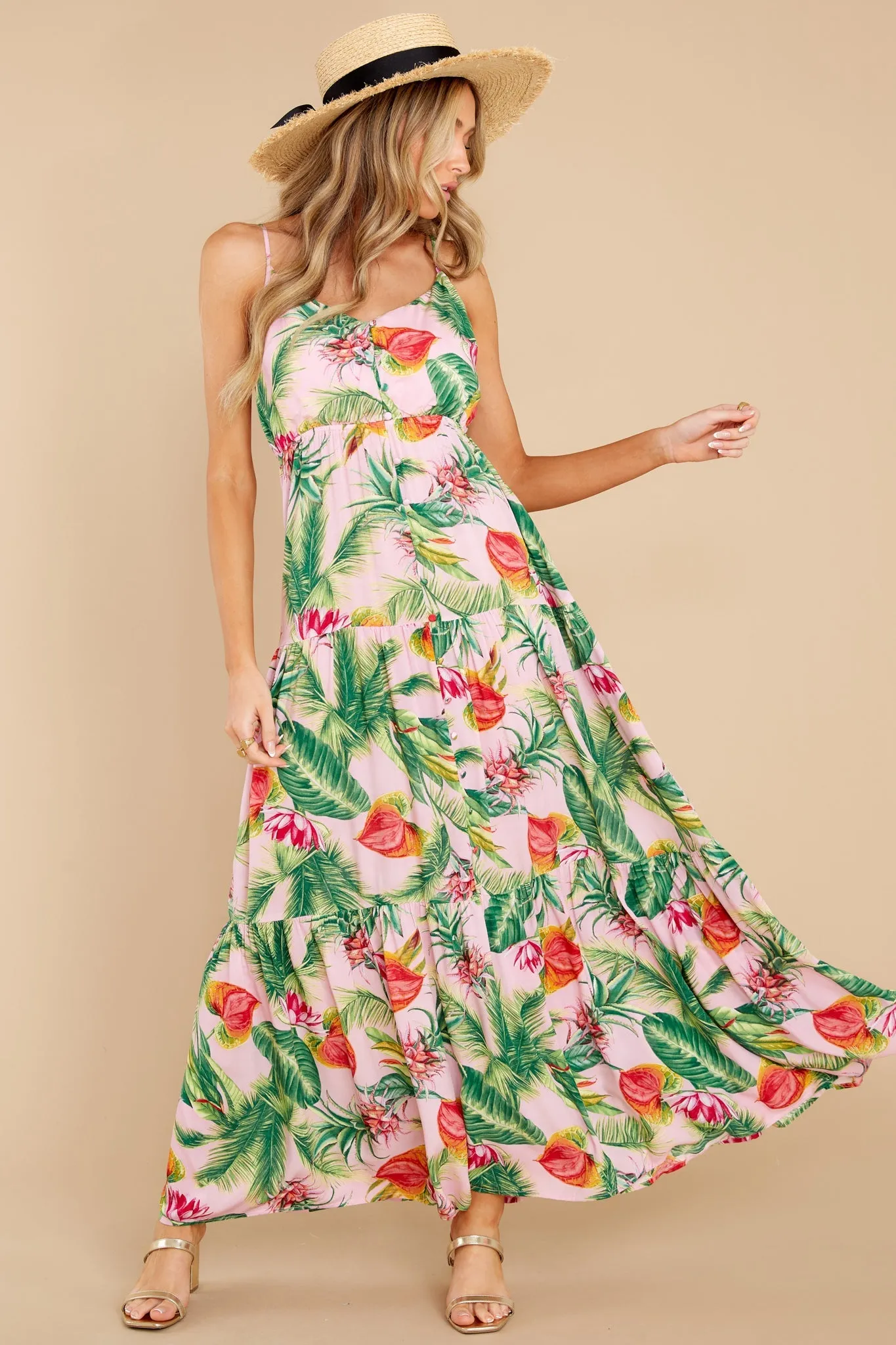 Frond Memories Coral Pink Floral Print Maxi Dress