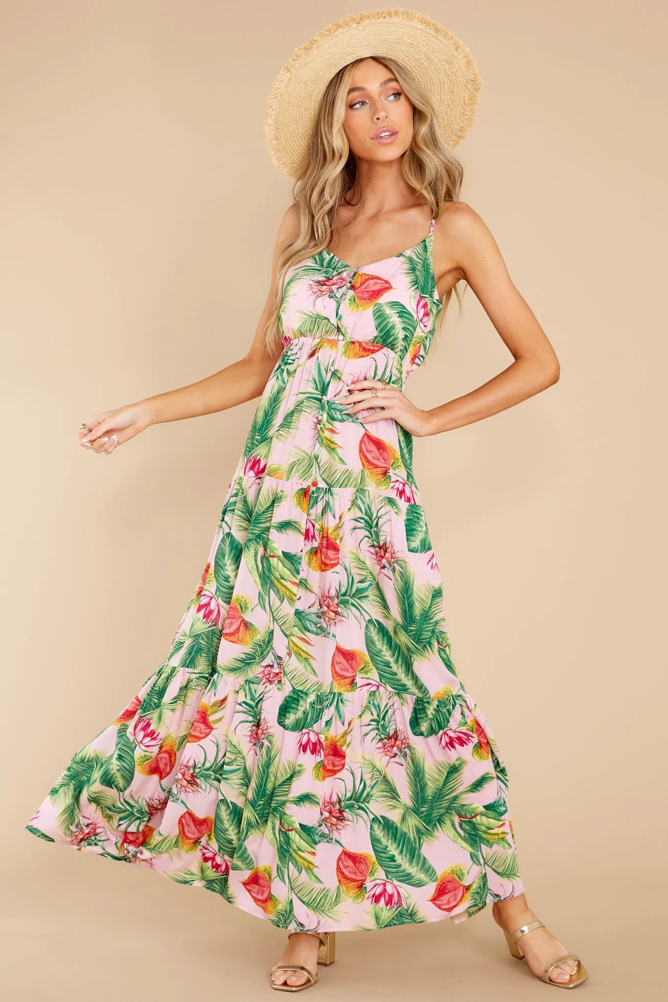 Frond Memories Coral Pink Floral Print Maxi Dress