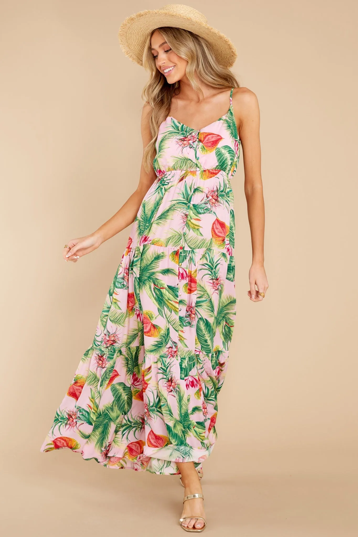 Frond Memories Coral Pink Floral Print Maxi Dress