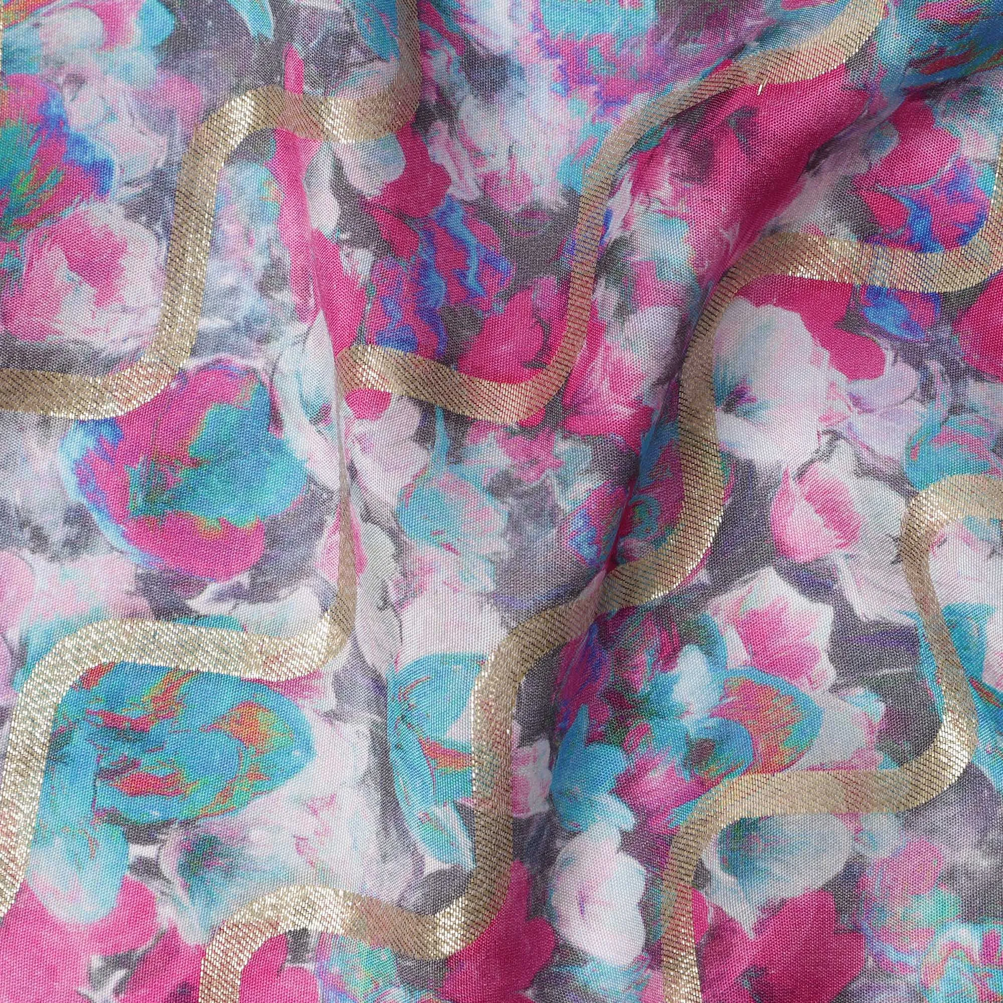 Fuchsia Multi-Color Abstract Floral Viscose Crepe Digital Print Fabric, 110 cm Wide, Made in India-D20985