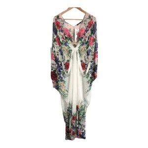 Genese of London  Sleeveless Kaftan Maxi Dress White Floral Print w/ Swarovski Beads w Belt UK S/M